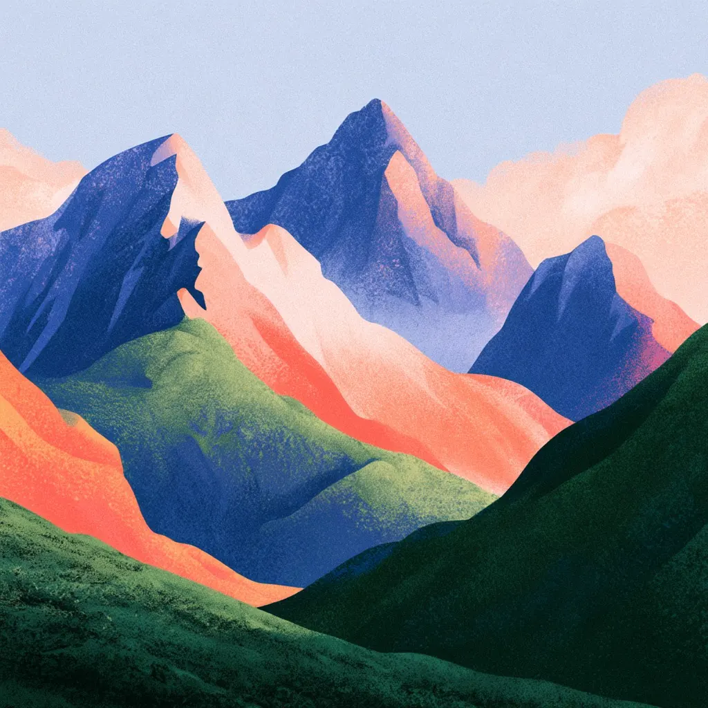 Stylized grainy illustration of colorful mountain peaks