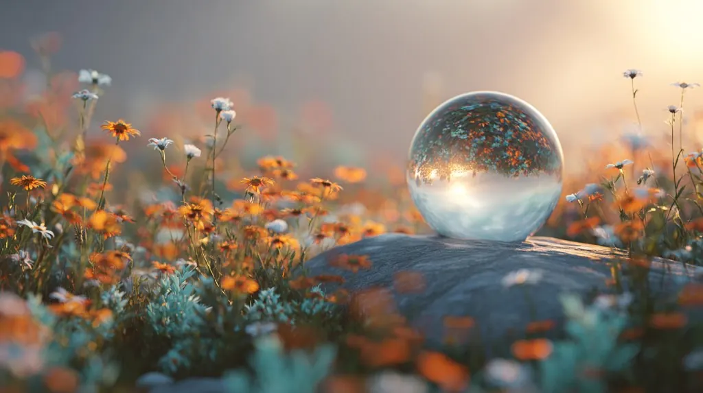 Crystal ball on a rock in a wildflower meadow at golden hour